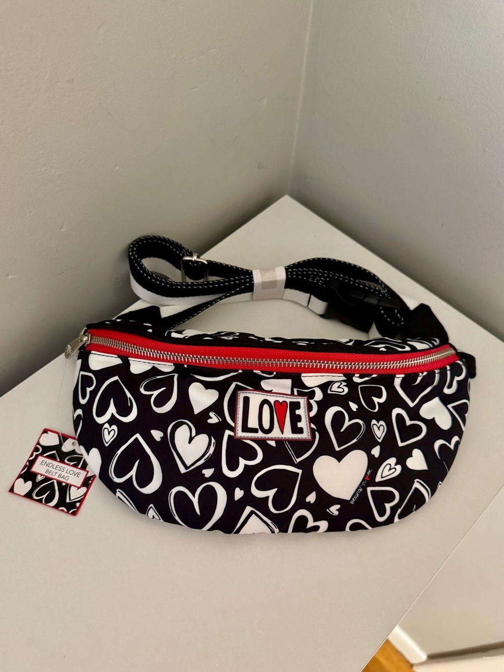 NWT Brighton "Endless Love" Black & White Heart Print Belt Bag / Fanny Pack